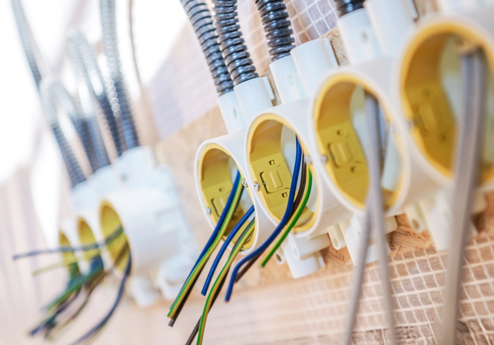 Mehrere weiße Unterputzdosen mit farbigen Kabeln und Installationsrohren bei Elektroinstallation