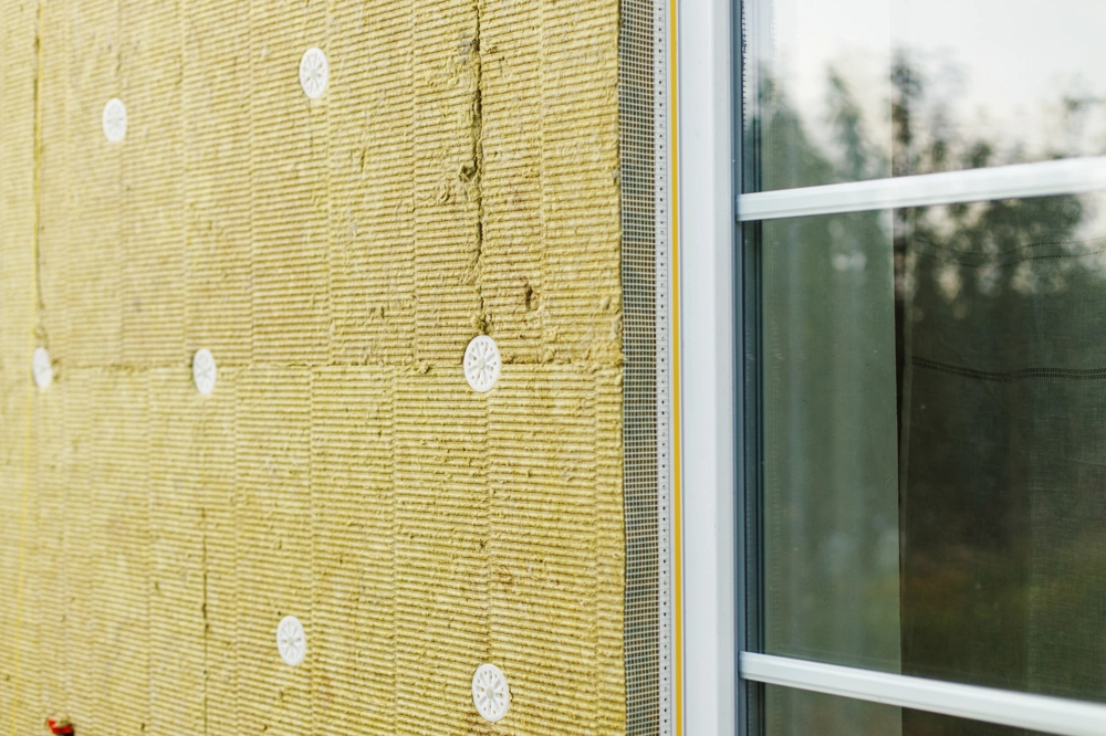 Außendämmung mit mineralischen Dämmplatten und Dübelbefestigung an Fassade neben Fensterrahmen