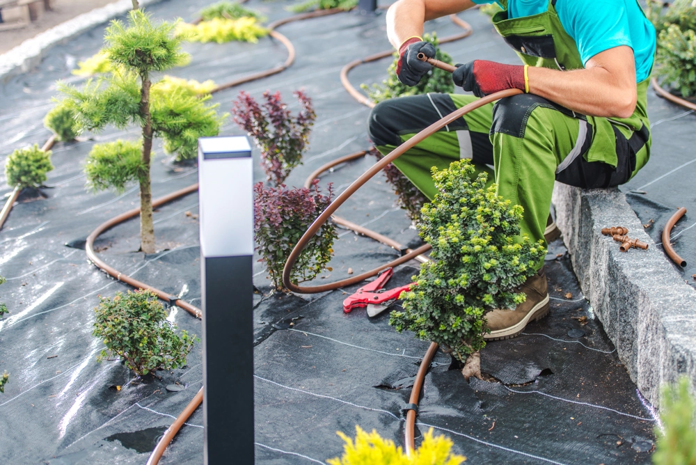 Arbeiter verlegt Tropfrohrbewässerung um frisch gepflanzte Büsche auf Unkrautvlies bei Gartenanlage