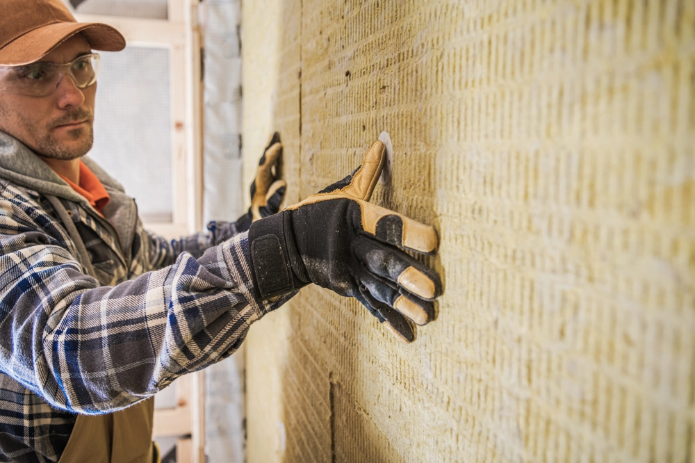 Handwerker montiert Dämmplatten an Fassade (Außendämmung)