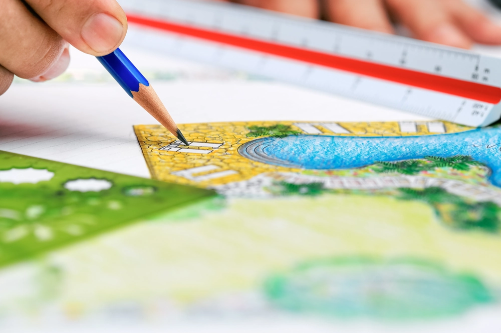 Hand skizziert farbigen Gartenplan mit Teich, Wegen und Sitzelementen auf Papier (Gartenplanung)