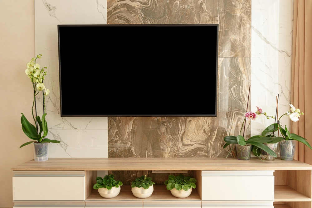 TV-Wand mit Naturstein Wandverkleidung aus Marmoroptik und integriertem Sideboard mit Topfpflanzen