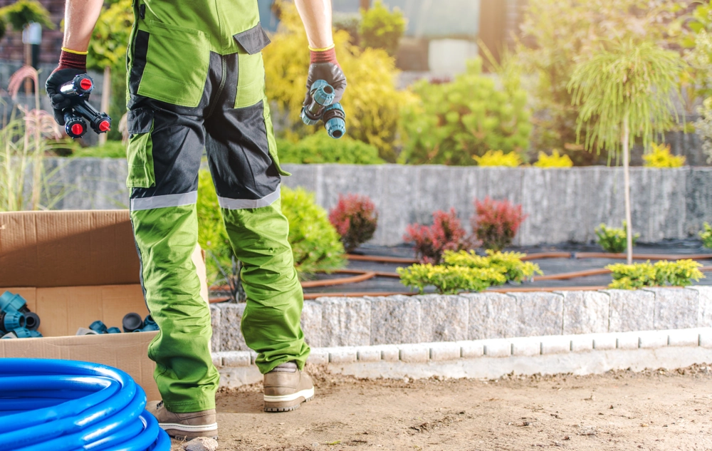 Gärtner montiert Bewässerungsschläuche und Verbindungsstücke im Rahmen der Gartenpflege