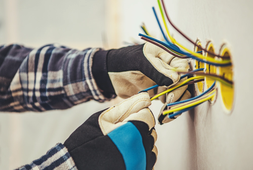 Arbeiter in Schutzhandschuhen verlegt und verbindet farbige Elektrokabel in Unterputzdose Elektroinstallation